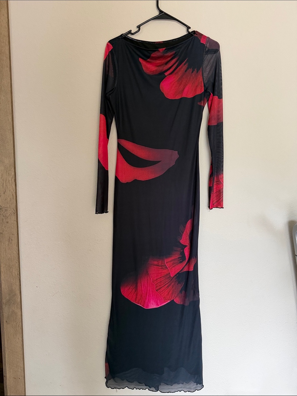 Black Maxi Mesh Dress with Red Floral Print - Women's Long Sleeve